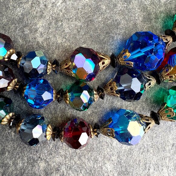 1960s triple strand jewel tone beaded necklace with matching clip on earrings - Picture 3 of 9